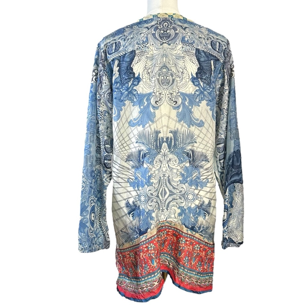 Johnny Was Bohemian Art to Wear Currency Print Silk Tunic Top Size Medium - Picture 8 of 17